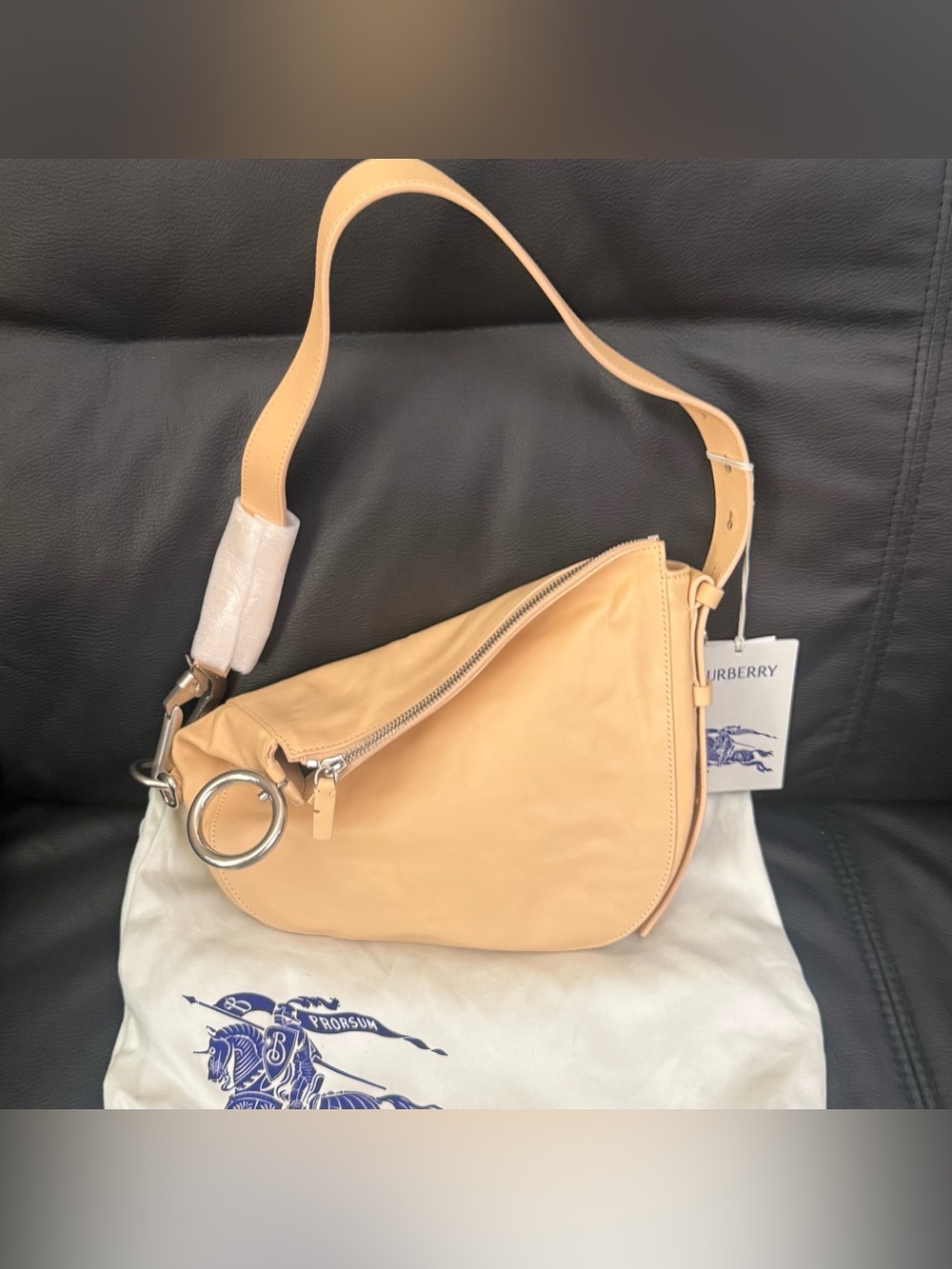 NWT $2590 BURBERRY SMALL KNIGHT CRINKLED LEATHER SHOULDER BAG PEACH